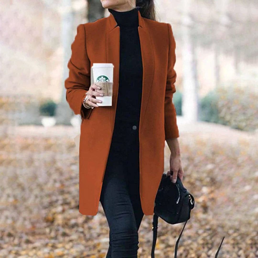Caramel women's elegant tailored winter coat with a lapel collar, a timeless classic coat.