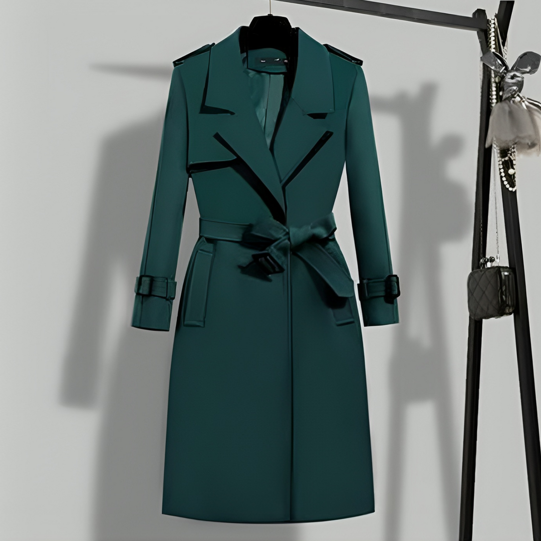 Elegant women's fall trench coat, classic design with a cinched belt & button placket for a stylish look.