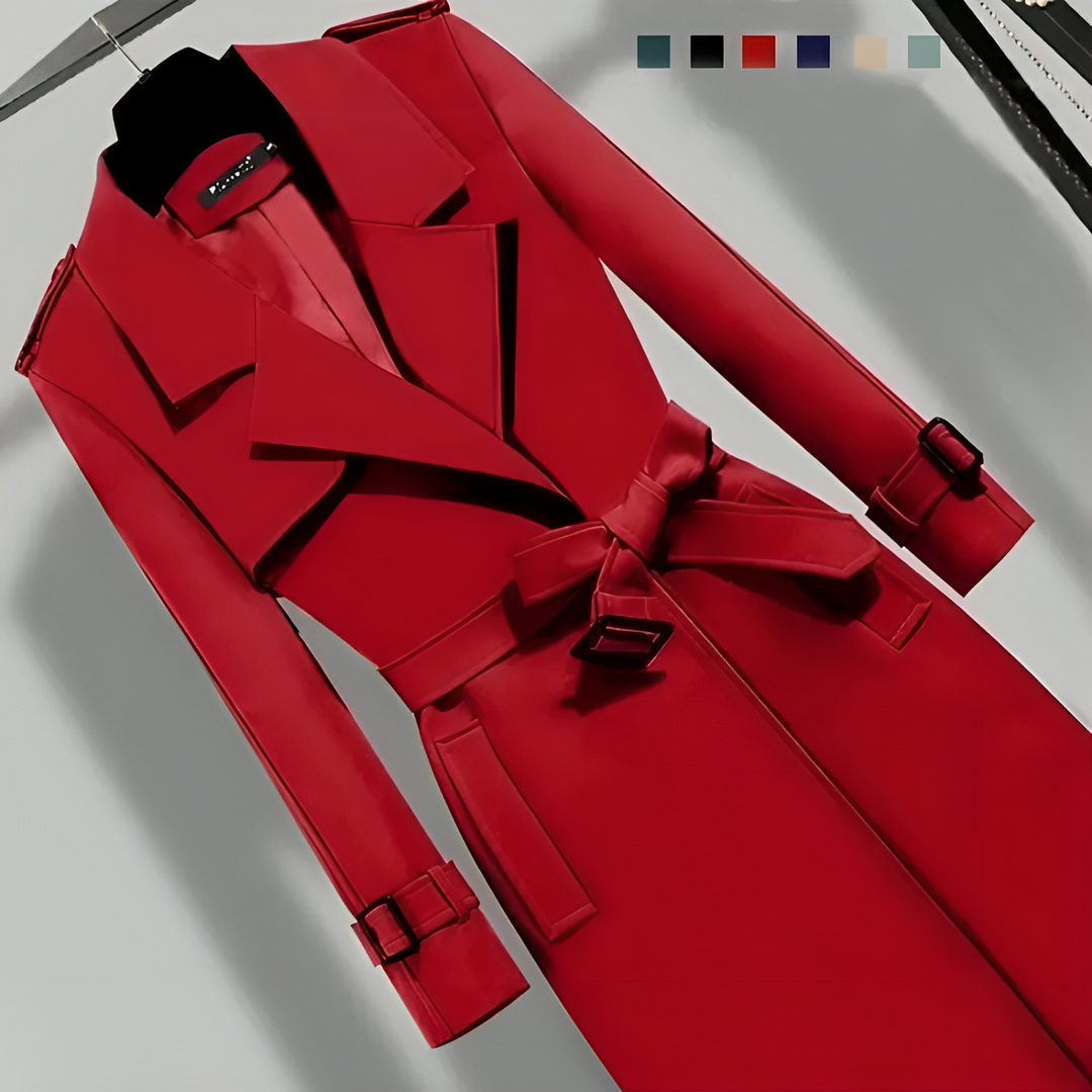 Stylish women's outerwear, a classic belted trench coat with a button placket, perfect for a sophisticated look.