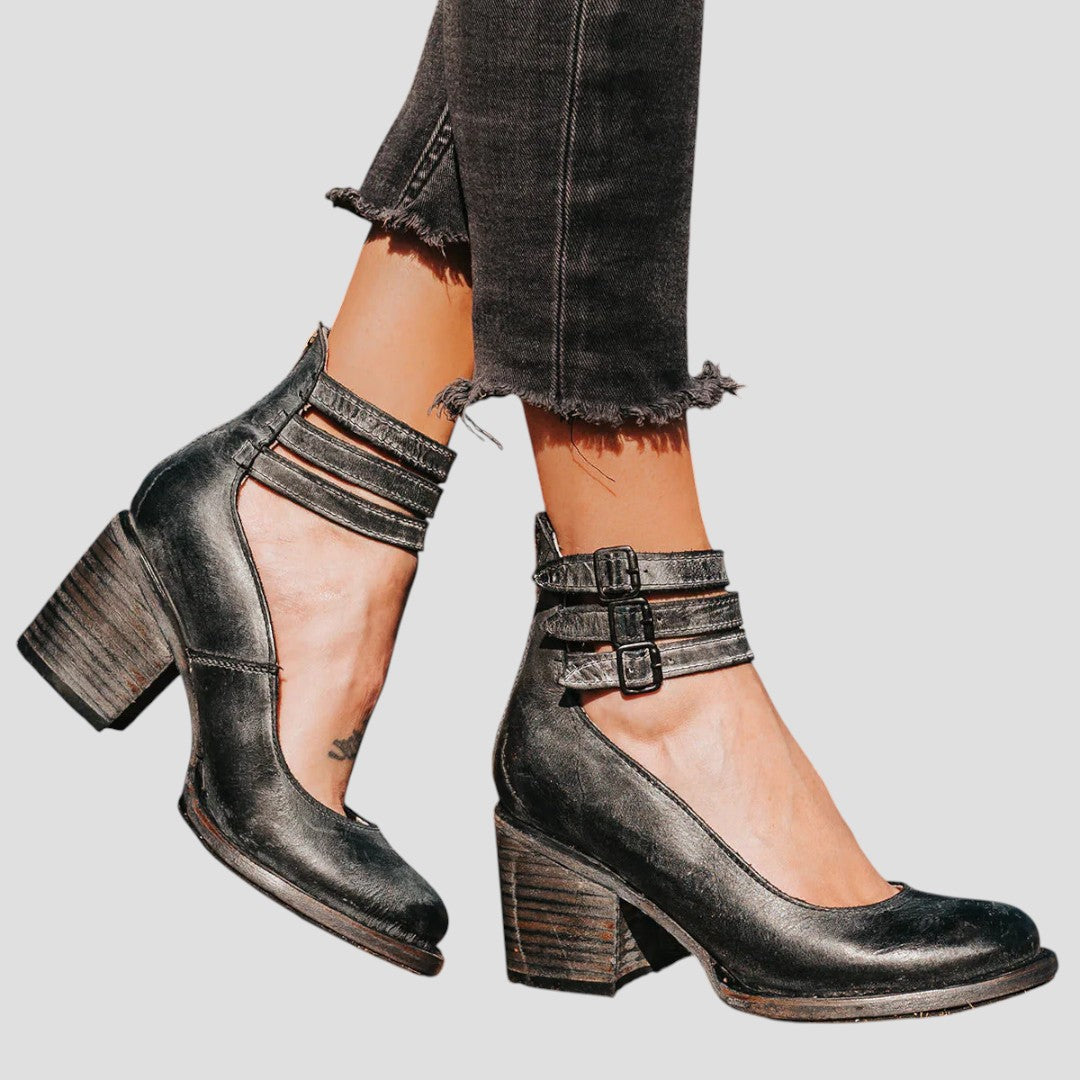 Women's closed toe block heels with elegant buckle strap; ideal for office wear, parties, and formal events.
