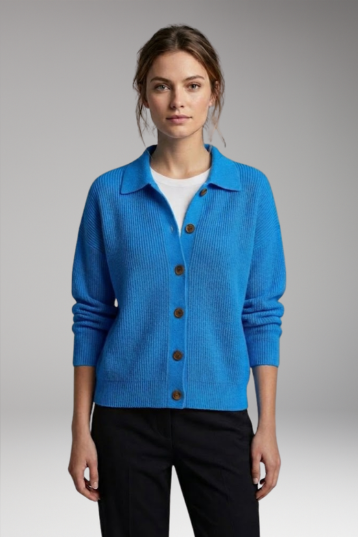 Stylish women's collared button-front long-sleeve knit cardigan. Versatile layering for casual autumn fashion.