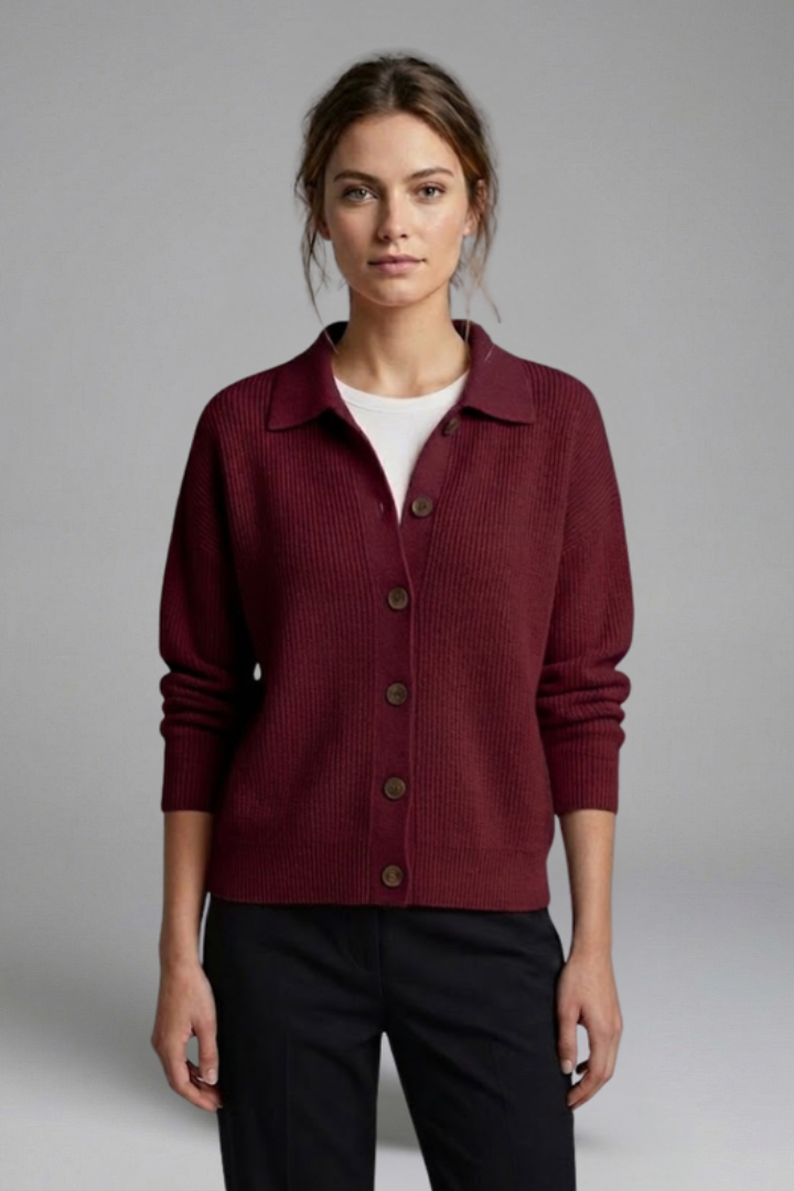 Women's collared button-front knit cardigan. Long-sleeve versatile top for casual autumn layering.