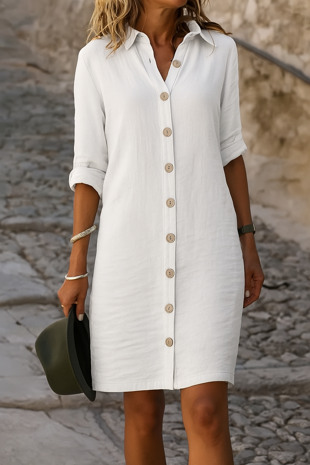 Collared women's casual dress, roll-tab sleeves, a staple for versatile fashion.