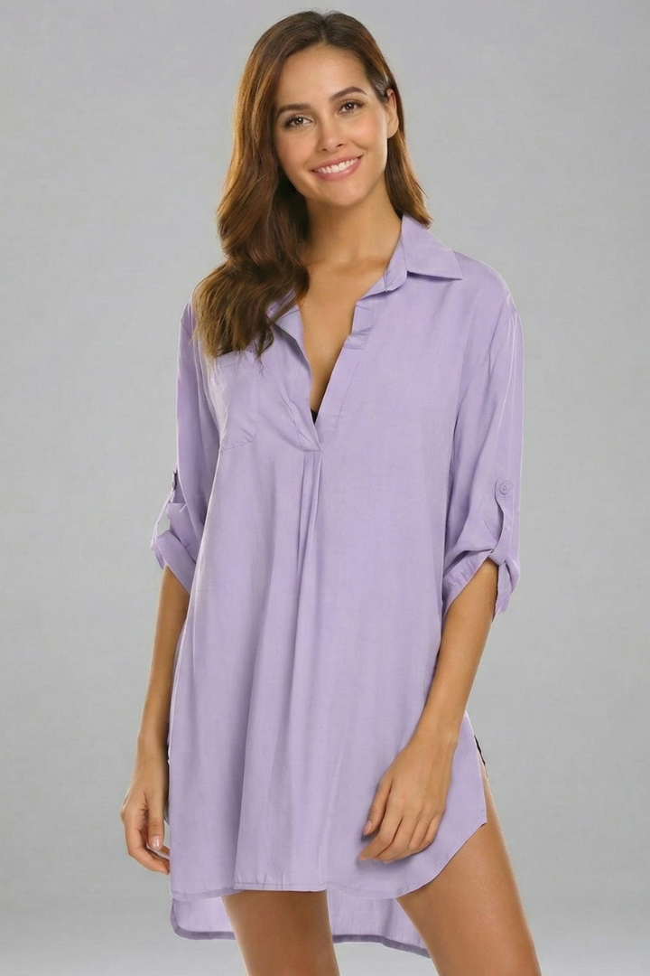 Plus size women's collared tunic dress, long sleeve and v-neck, providing comfortable and stylish loose fit.