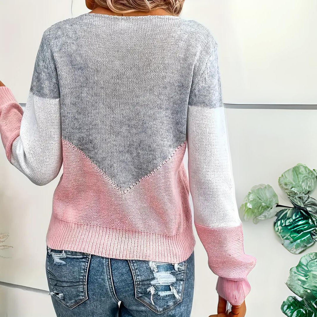 Casual women's color block sweater with intricate mesh detail, a fashionable long sleeve top