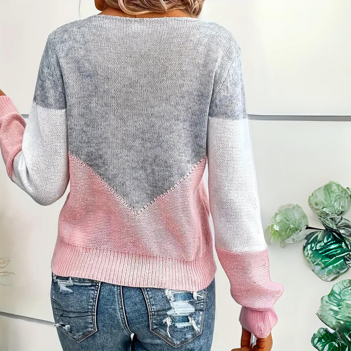 Casual women's color block sweater with intricate mesh detail, a fashionable long sleeve top
