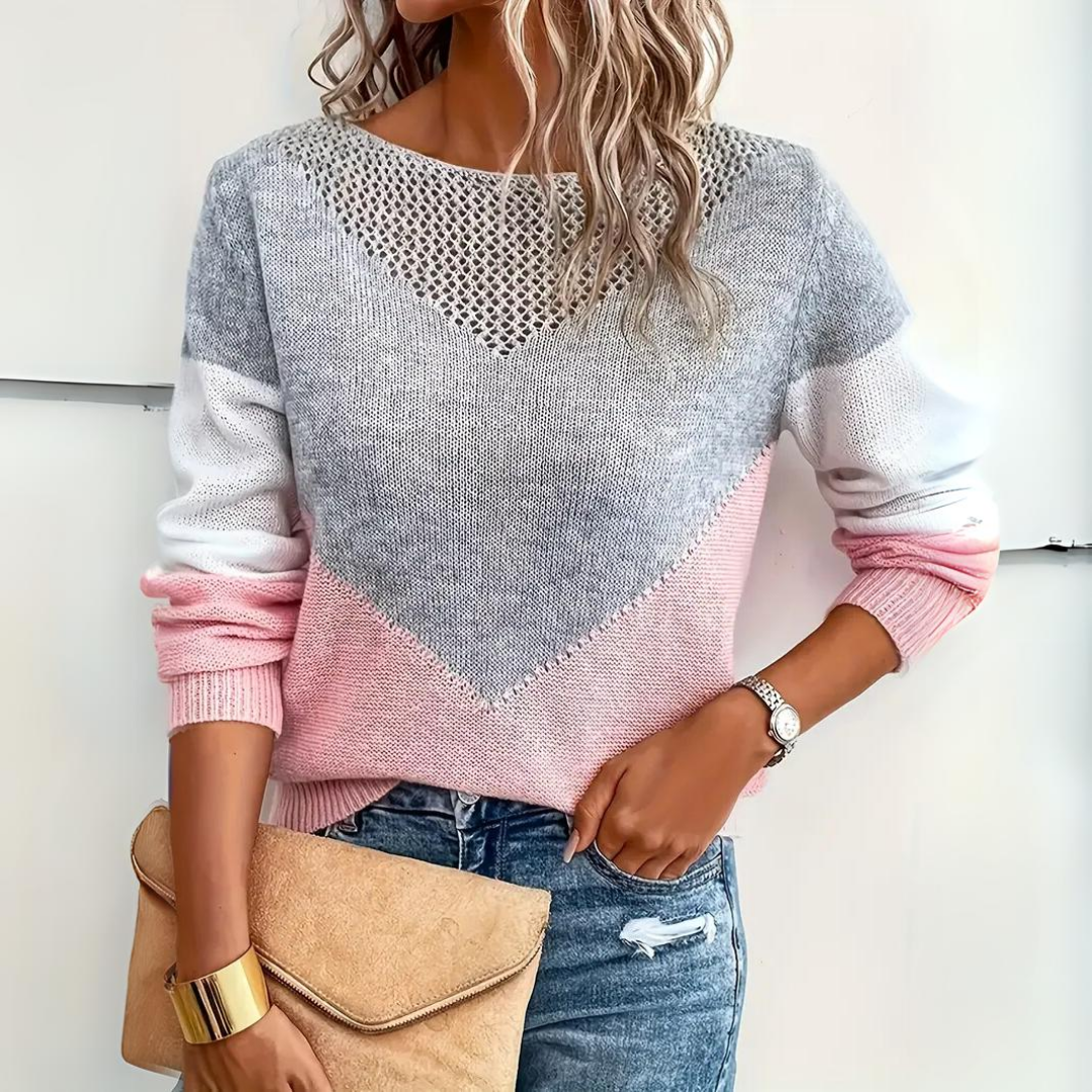 Stylish women's pink color block knit sweater with delicate mesh detail & comfortable long sleeves