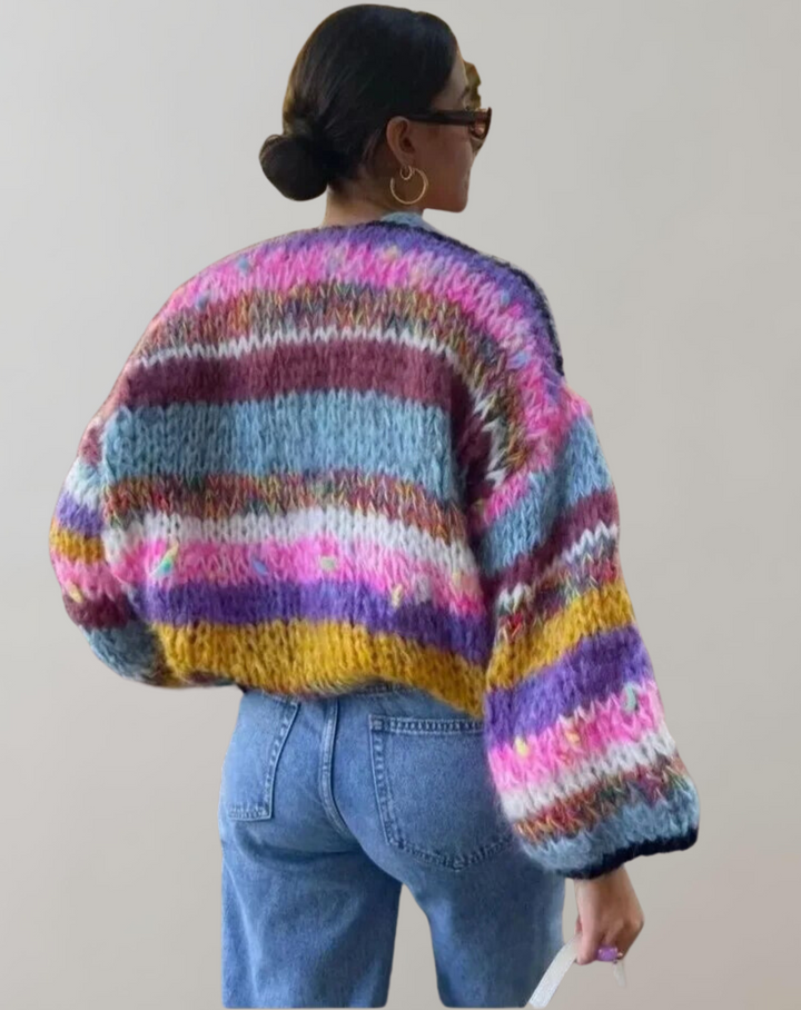 Stylish women's colorful knit cardigan, perfect as an open front layering piece for autumn and winter outfits.