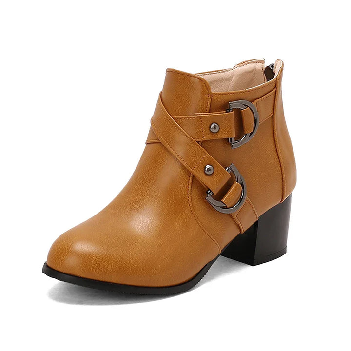 Comfortable women's ankle boots with a prominent buckle, great for walking and style