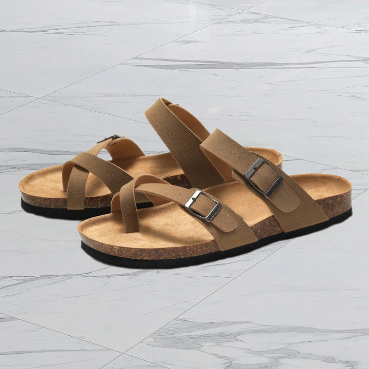 Detailed shot of the durable cork sole on Women's Comfort Footbed Sandals, long-lasting wear