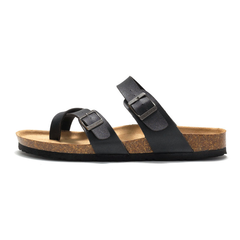 Black suede Women's Comfort Cork Footbed Sandals, a stylish and comfortable footwear choice