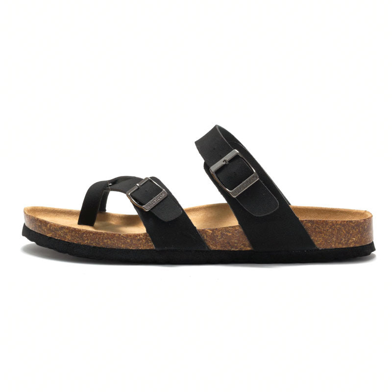 Angled view of Women's Comfort Cork Sandals, highlighting adjustable buckles and footbed