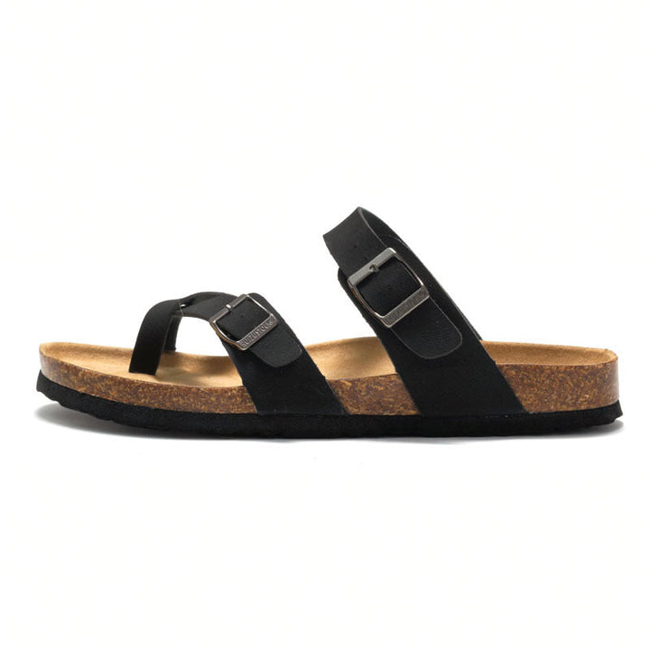 Angled view of Women's Comfort Cork Sandals, highlighting adjustable buckles and footbed