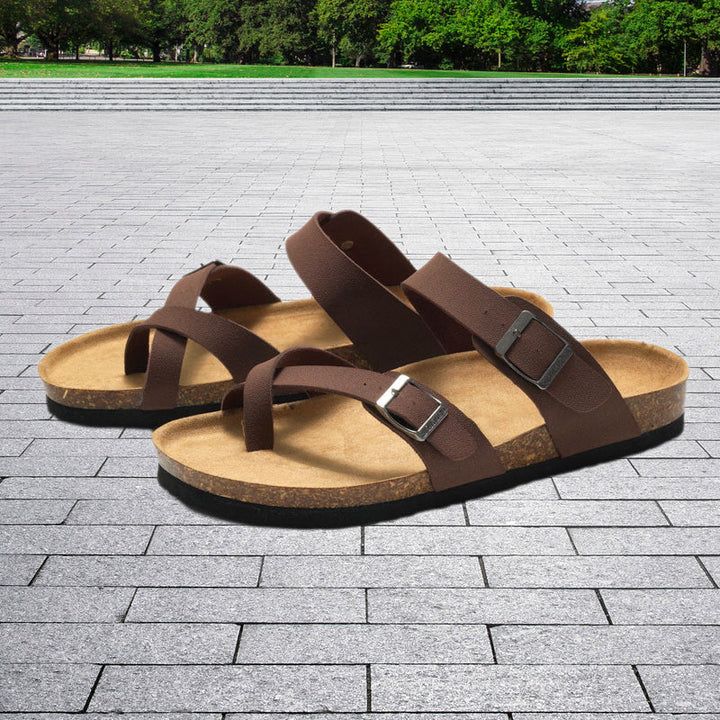 Close-up of Women's Comfort Cork Sandals showing cork footbed texture and suede straps
