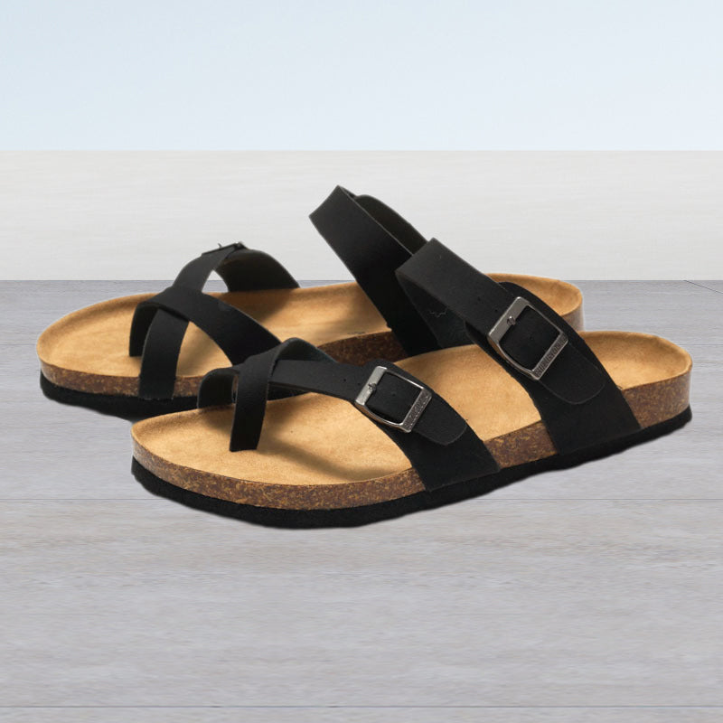 Model wearing Women's Comfort Cork Footbed Sandals, pairing them with casual summer attire