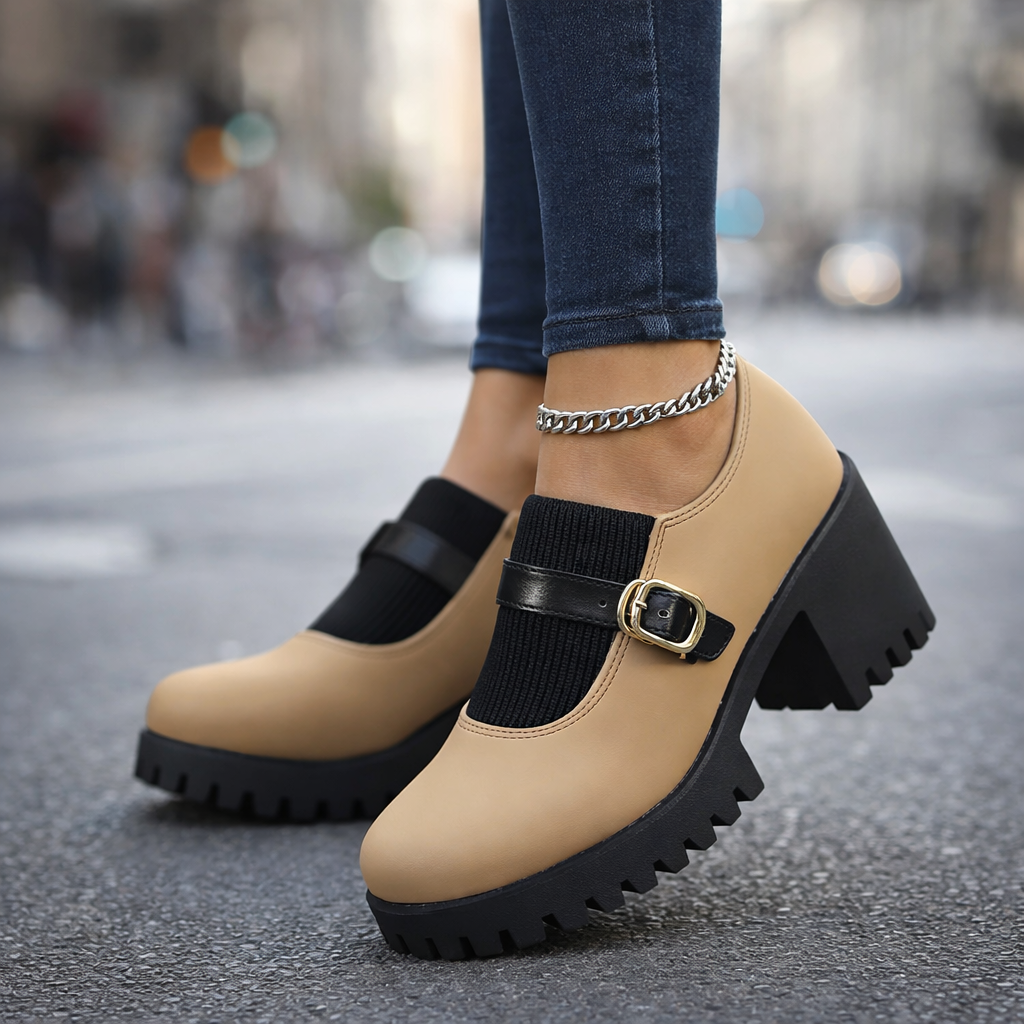 Women's comfort platform heels, orthopedic, with adjustable strap in khaki leather for dress or casual wear