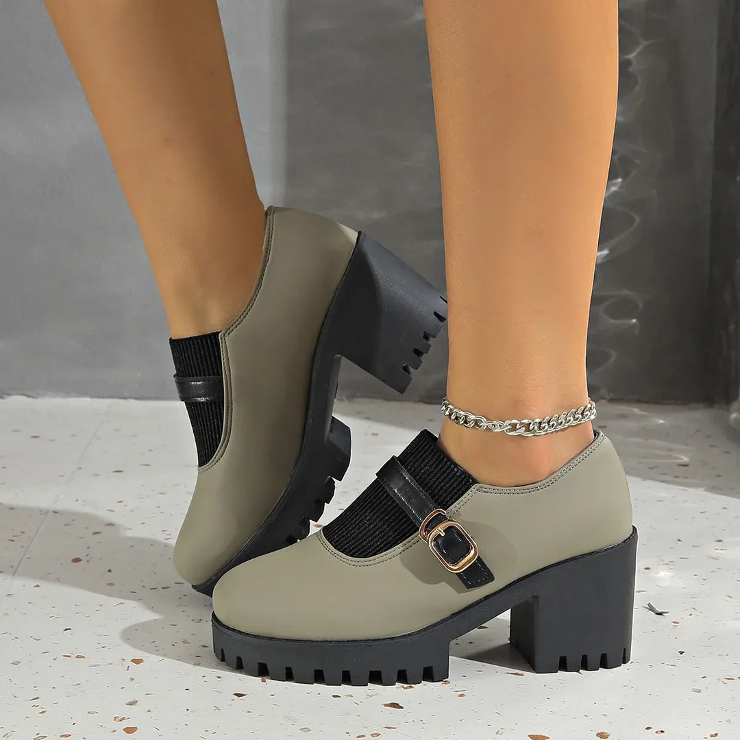 Comfortable women's platform heels with an adjustable strap, perfect for long wear, in versatile khaki