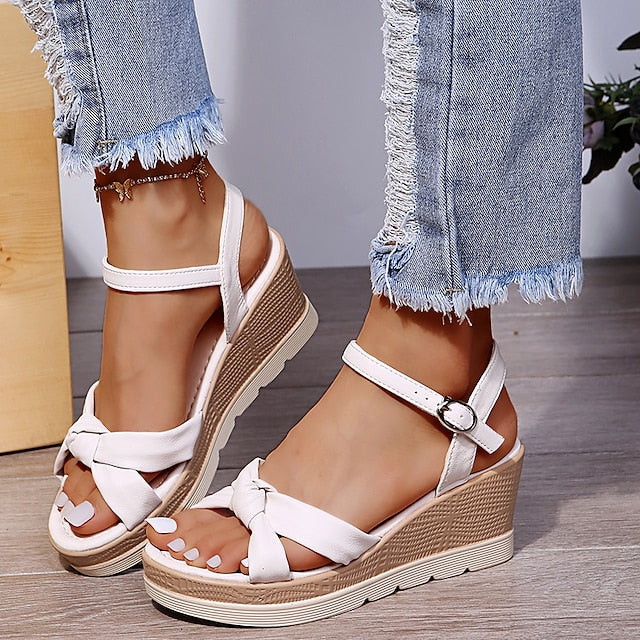 Women's comfort platform wedge sandals with adjustable ankle strap, open toe design.