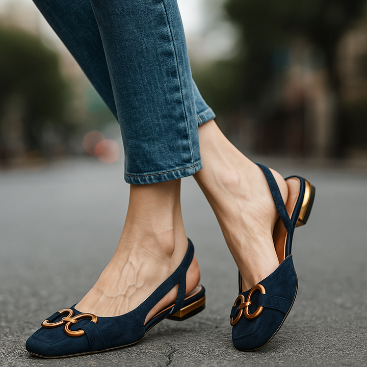 Women's comfort slingback flats with elegant chain detail, perfect for spring/summer casual wear.