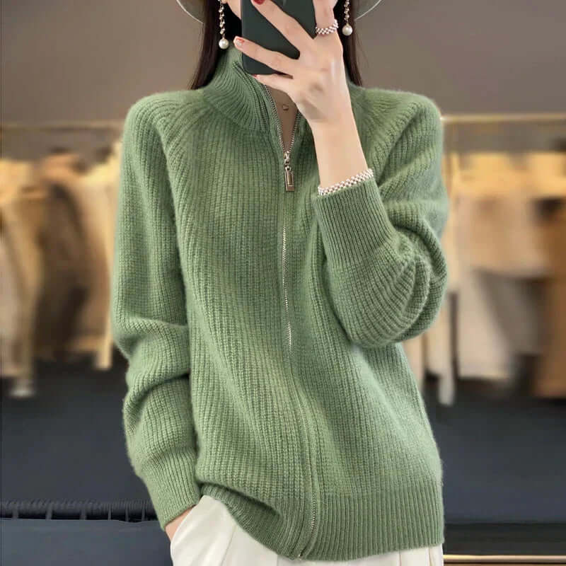 Women's comfort zip-front knit sweater in a soft, cozy fabric, ideal for fall layering.