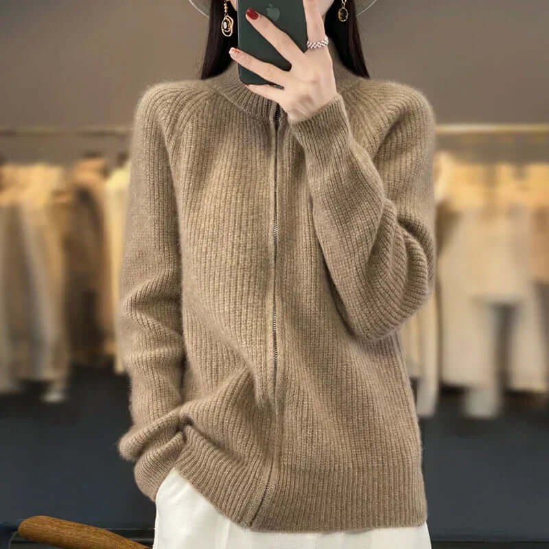 Stylish women's zip-front knitwear, a perfect blend of comfort and fall fashion.