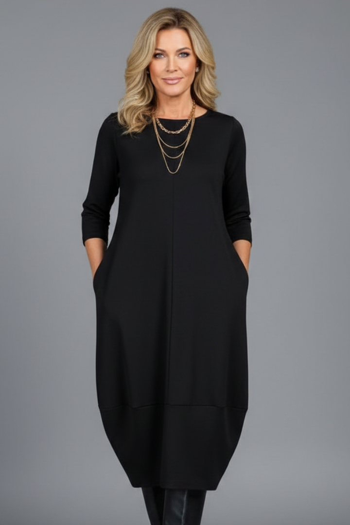 Elegant women's A-line midi dress with 3/4 sleeves & pockets, great for fall & spring casual fashion.