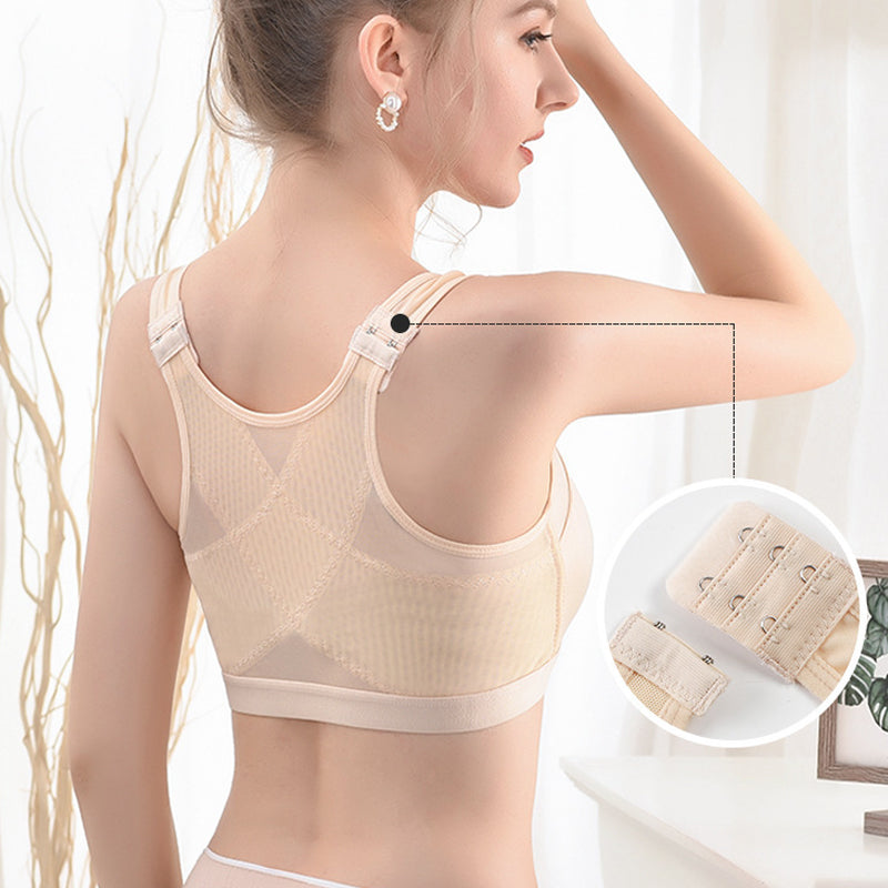 Detail of adjustable straps on a comfortable front-closure women's bra
