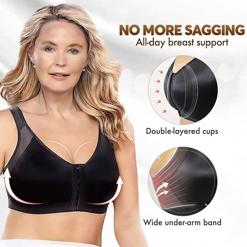 Adjustable support bra with front closure, perfect for daily wear, black fabric
