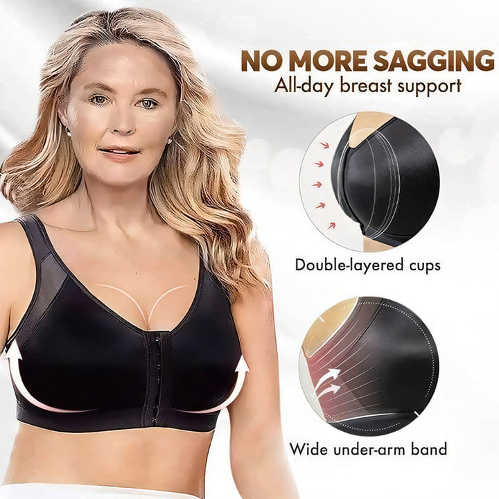 Adjustable support bra with front closure, perfect for daily wear, black fabric