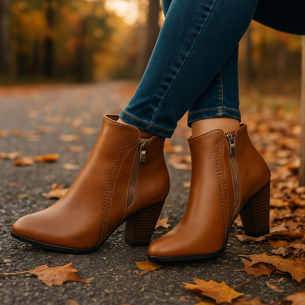 Close-up of the scalloped edge detail on comfortable women's ankle boots, showcasing quality design.