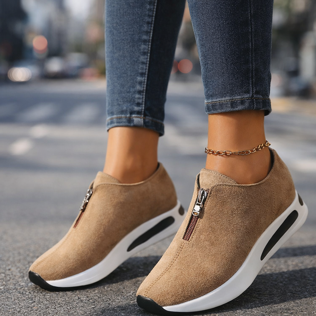 Close-up of front zip on women's black suede-look platform shoes for comfort