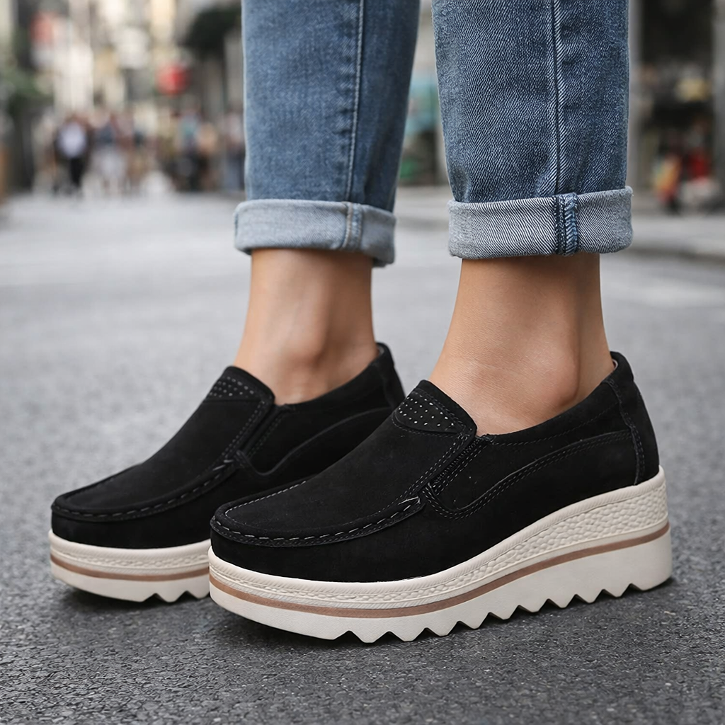 Women's comfortable black suede platform loafers, slip-on style, orthopedic friendly, casual footwear