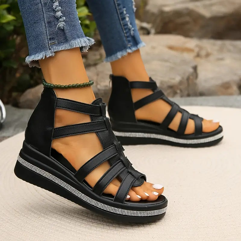 Side profile of women's comfortable wedge sandals, showcasing elevated daily summer style.