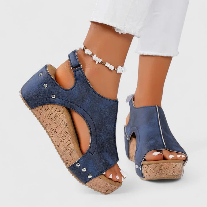 Women's comfortable black wedge sandals with arch support for all-day wear. Ergonomic design, perfect walking shoes.