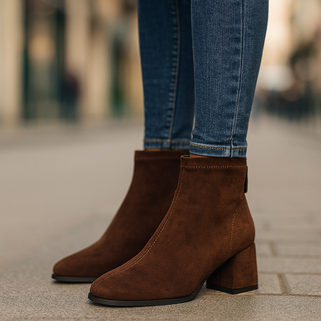 Close-up of the comfortable block heel on women's brown ankle boots, orthopedic design.
