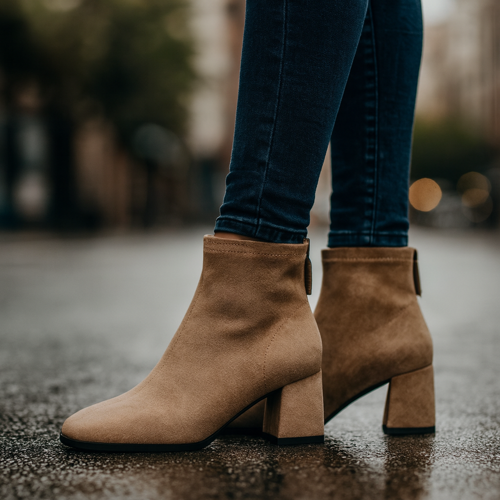 Side view of women's brown suede-like ankle boots with a sturdy block heel, ideal for winter fashion.