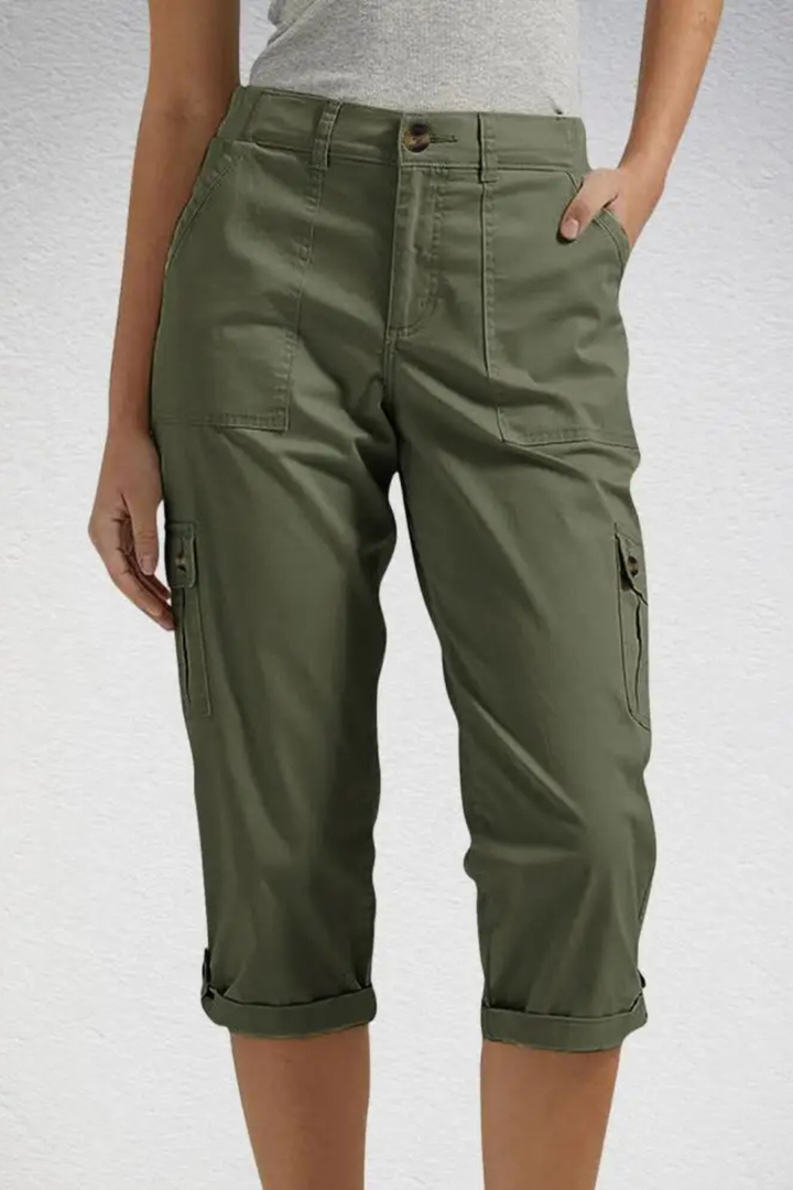 Close-up of soft, durable fabric on women's cropped cargo pants, ensuring comfort for all-day wear.