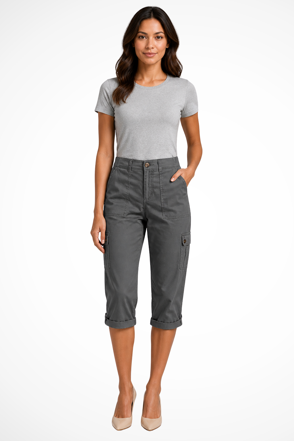 Relaxed fit women's cropped cargo pants, comfortable & breathable for summer casual wear and travel.