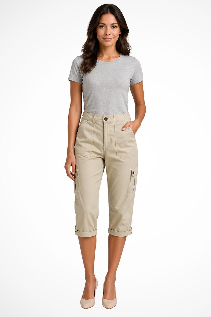 Cropped hem detail of women's cargo pants, perfect for summer casual wear and travel outfits.
