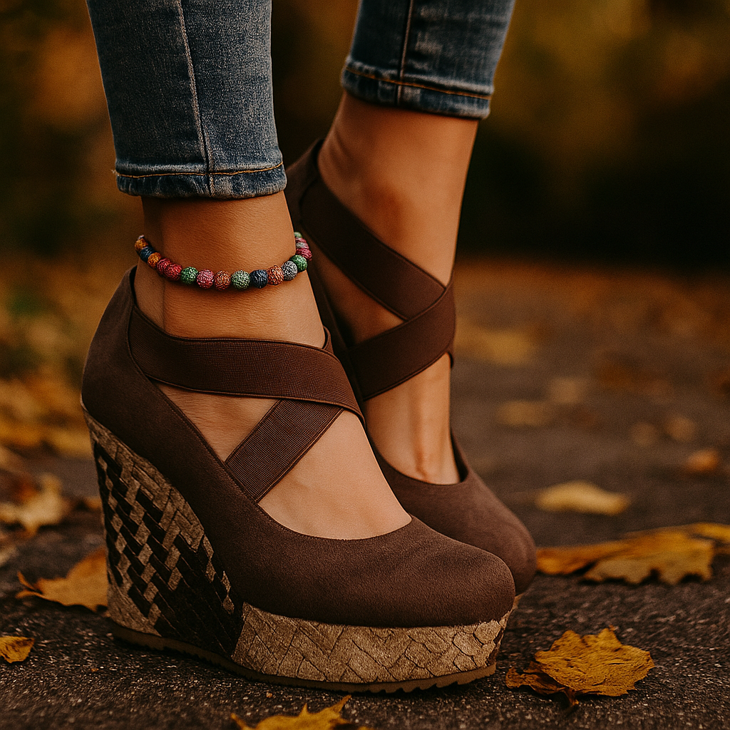 Pair of women's comfortable wedge sandals with cross straps; ideal orthopedic summer footwear.