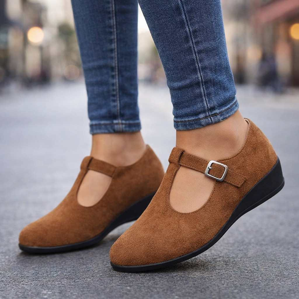 Close-up of the elegant buckle detail on a pair of women's comfortable grey suede loafers
