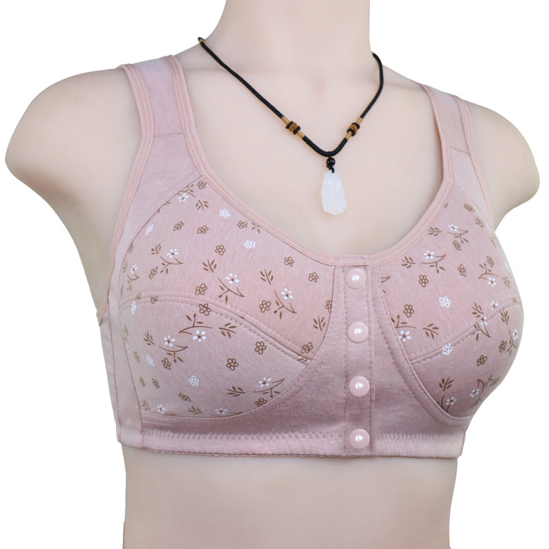 Stack of folded women's comfortable front button bras in various colors: black, white, nude