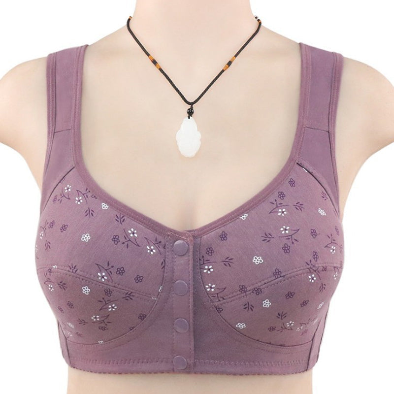 Cotton women's front clasp bra, close-up of breathable material and supportive band