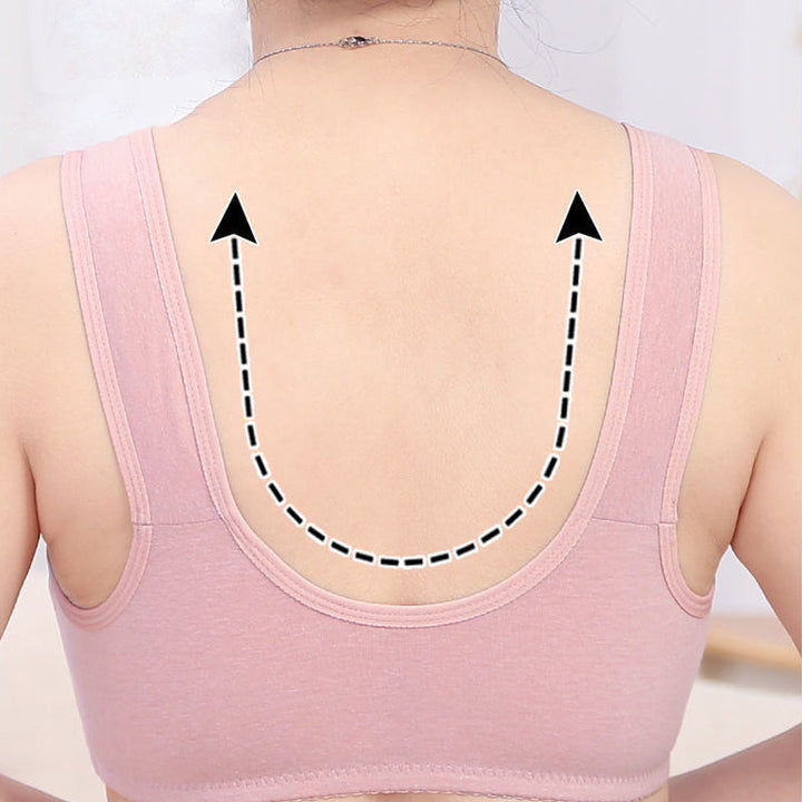 Close-up of the front button closure on a women's comfortable support bra