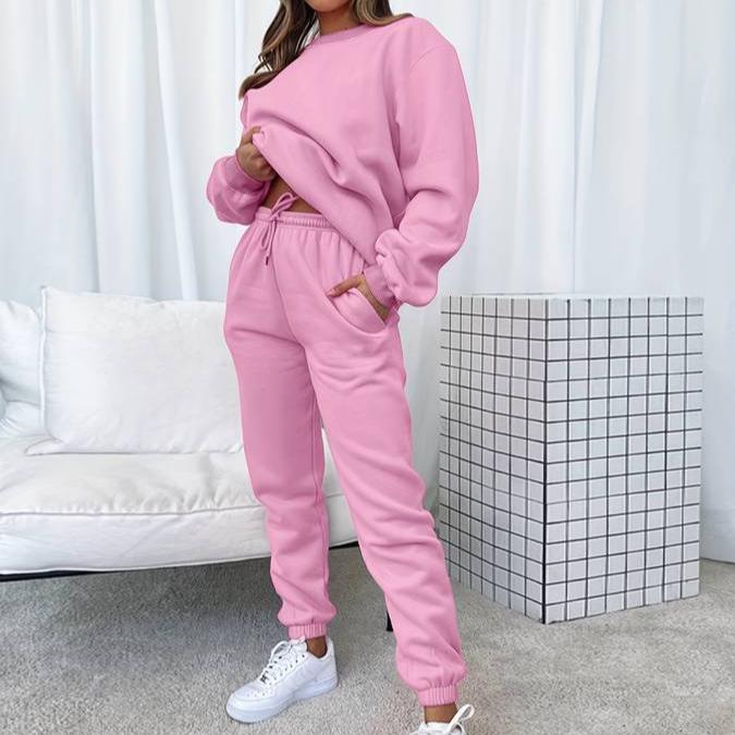 Soft knit women's lounge wear set, featuring a cozy sweatshirt and comfortable jogger pants.
