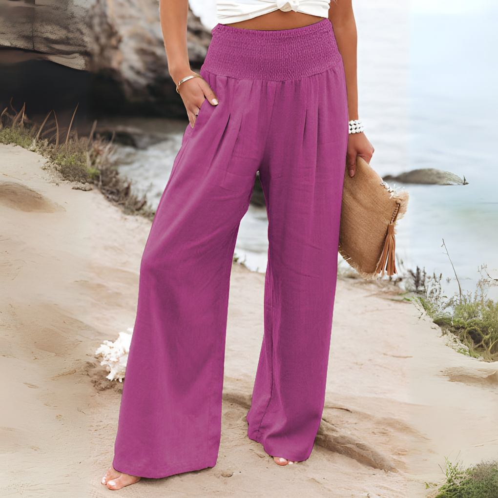 Women's comfortable high-waisted stretch linen trousers, perfect for summer casual wear.