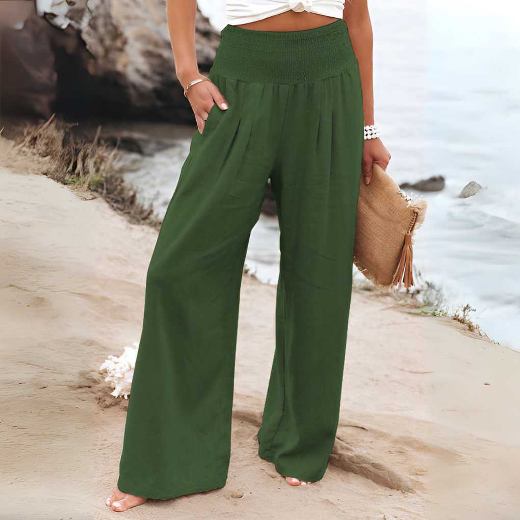 Versatile high-waisted stretch linen pants for women, offering comfortable spring & summer elegance.