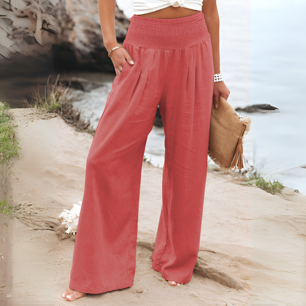 Light & comfortable women's high-waisted stretch linen trousers, perfect for summer casual & spring fashion.