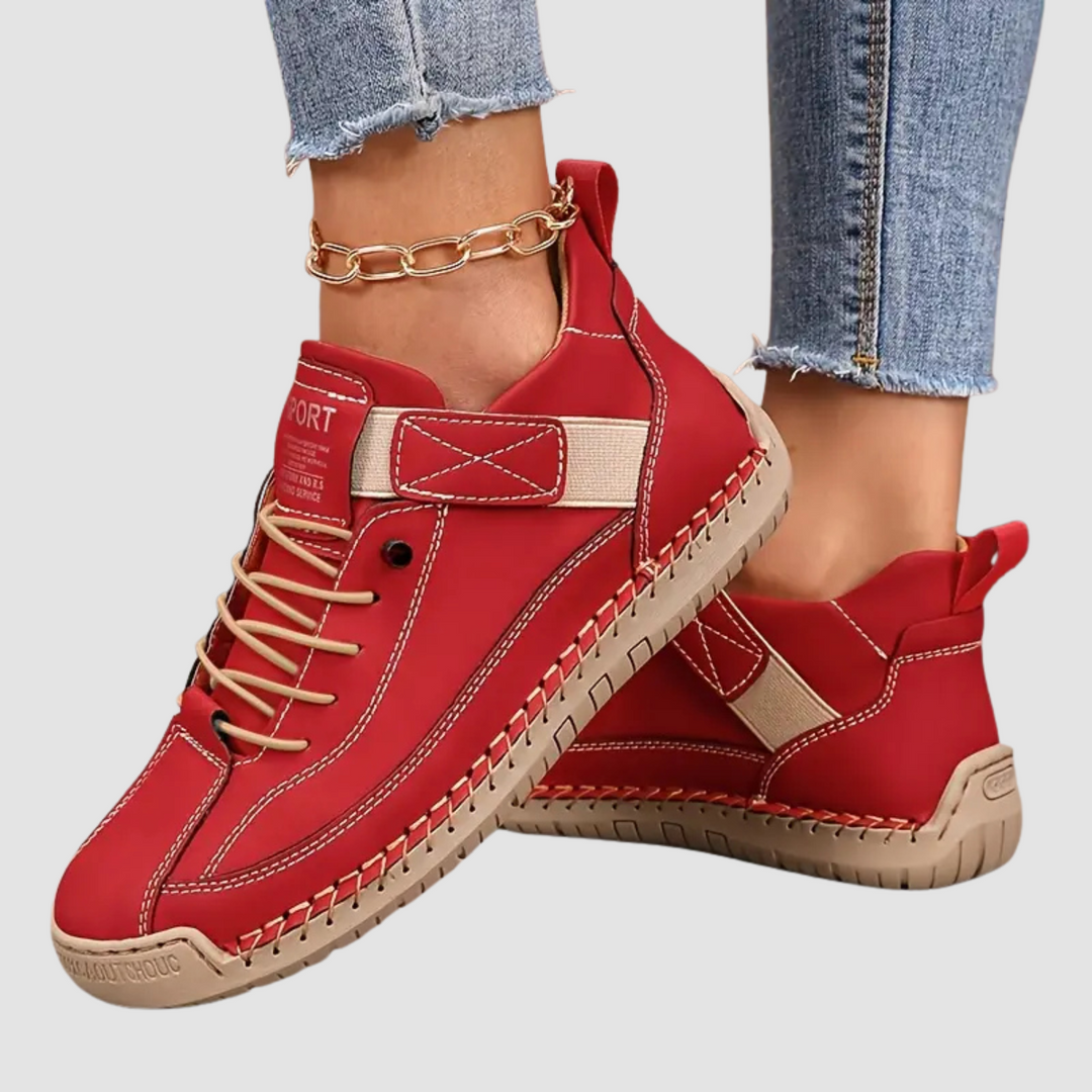 Top-down view of comfortable women's lace-up athletic footwear, suitable for various activities.