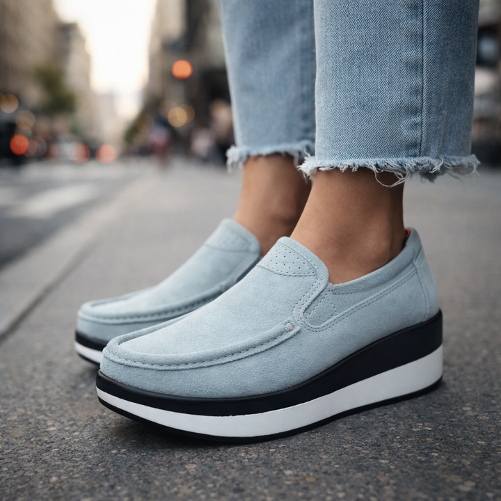 Soft grey suede slip-on loafers for women, offering superior comfort in a casual flat shoe style